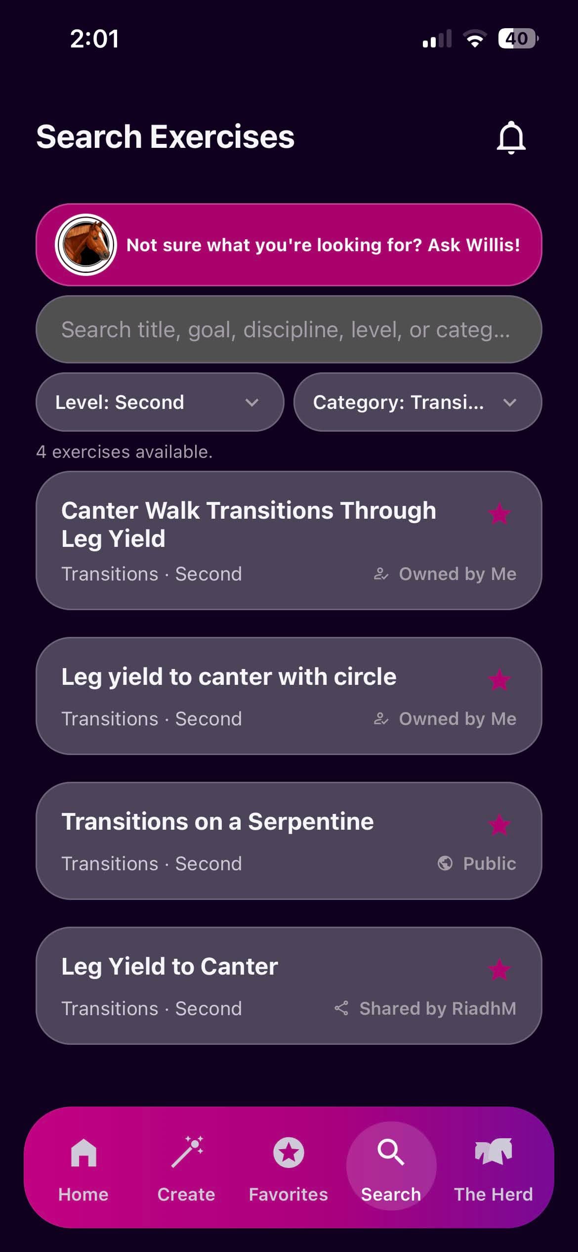 Suppl search exercises screen with filters and saved results
